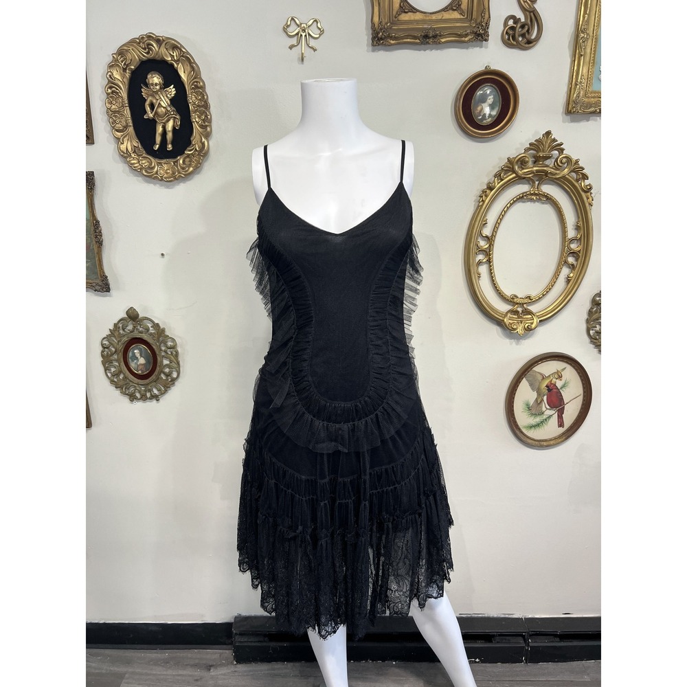 Max Studio Special Edition Vintage Black Mesh Ruffle Tiered Slip Dress Size XS
